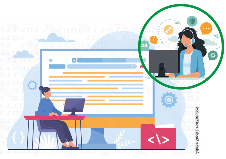 Frau am Computer zeigt Dienstleistungen 4.0 PIN Mail AG