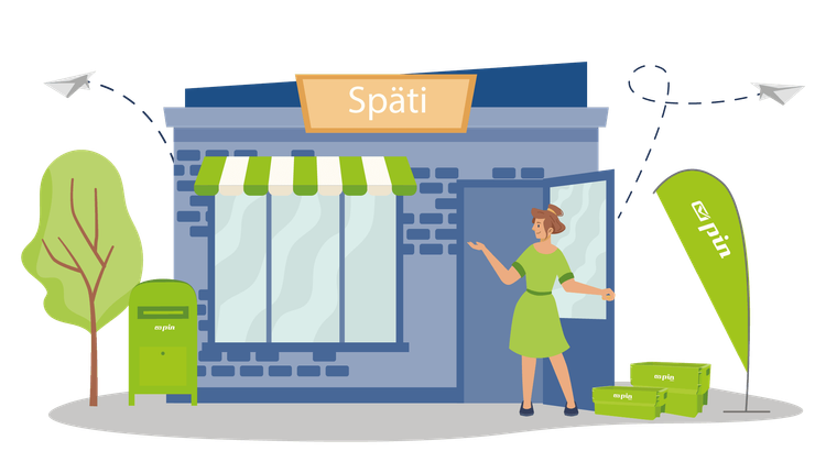 Frau betritt Späti mit PIN-Partnershop-Werbung, Briefversand